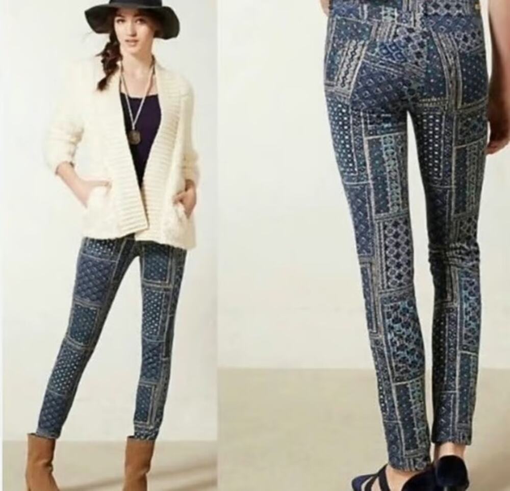 Pilcro and the Letterpress Anthropologie Blue Patterned Patchwork Corduroy Pants